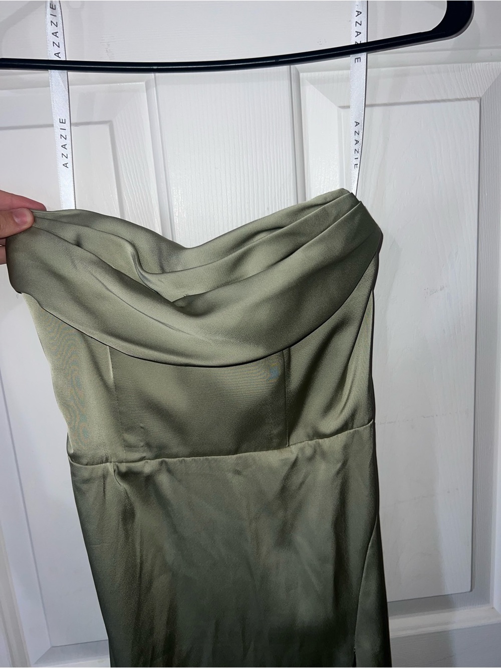 Azazie Dusty Sage/Olive Satin Strapless Cowl Dress - FLAWED